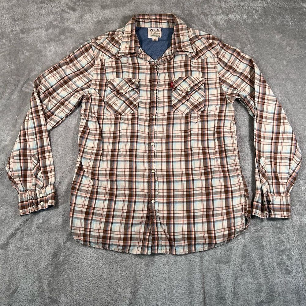 Levi's Men's Long Sleeve Plaid Western Shirt Large Multicolor Brown‎